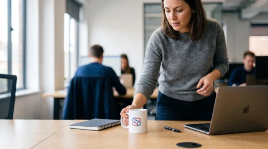 Un mug céramique blanc personnalisé d'un motif abstrait posé sur un bureau d'entreprise, avec une collaboratrice qui le saisit pendant une pause café.